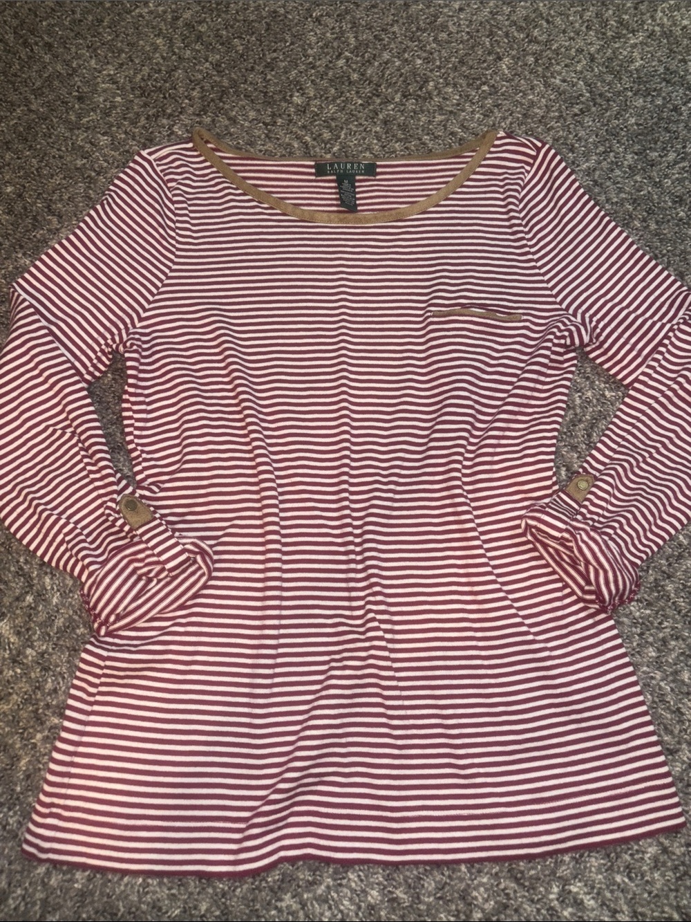 100% cotton Ralph Lauren Burgundy and White Striped Long Sleeve Top